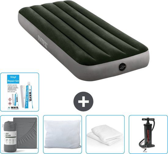 Intex Luchtbed - 1-Persoons - 76 x 191 x 25 cm - Groen - Compleet met Hoeslaken, Kussen, Pomp, Reparatieset en Kussenbeschermer