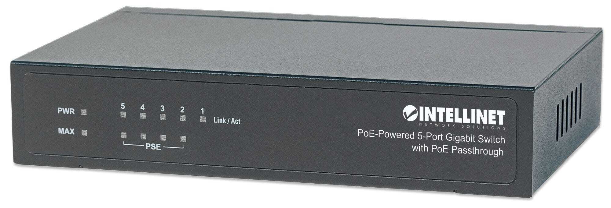 Intellinet PoE-Powered 5-Port Gigabit Switch with PoE Passthrough, 4 x PSE PoE ports, 1 x PD PoE port, IEEE 802.3at/af Power-over-Ethernet (PoE+/PoE), IEEE 802.3az Energy Efficient Ethernet, Desktop (Euro 2-pin plug)