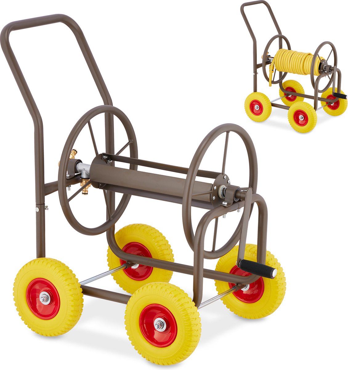 Relaxdays Slangenwagen Bruin - Zonder Slang - Slanghaspel 4 Wielen - Tuinslanghouder Staal