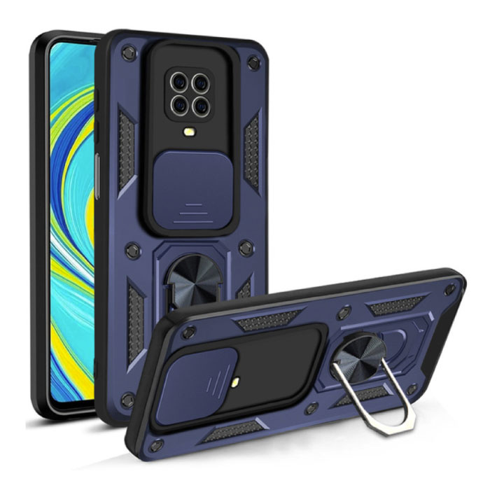 CYYWN CYYWN Xiaomi Redmi Note 9 Pro Max - Armor Hoesje met Kickstand en Camera Slide - Magnetische Pop Grip Cover Case Blauw