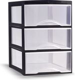 PLASTICFORTE Ladeblokje/bureau organizer met 3x lades - transparant/zwart - L26 x B37 x H37 cm