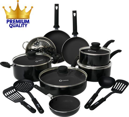 COOCK 22-Delige Pannenset Inductie - Speciale Anti-Aanbak Coating - Ergonomische Koudgrepen - Gerecycled Aluminium - koekenpannenset - kookpottenset - Zwart - Inclusief Onderzetters en E-book
