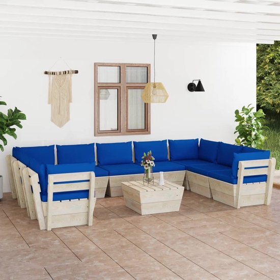 The Living Store Loungeset Pallet 10-delig - 60x60x65 cm - Blauwe kussens