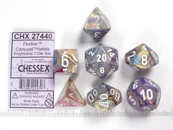 Chessex dobbelstenen set 7 polydice Festive Carousel w/white