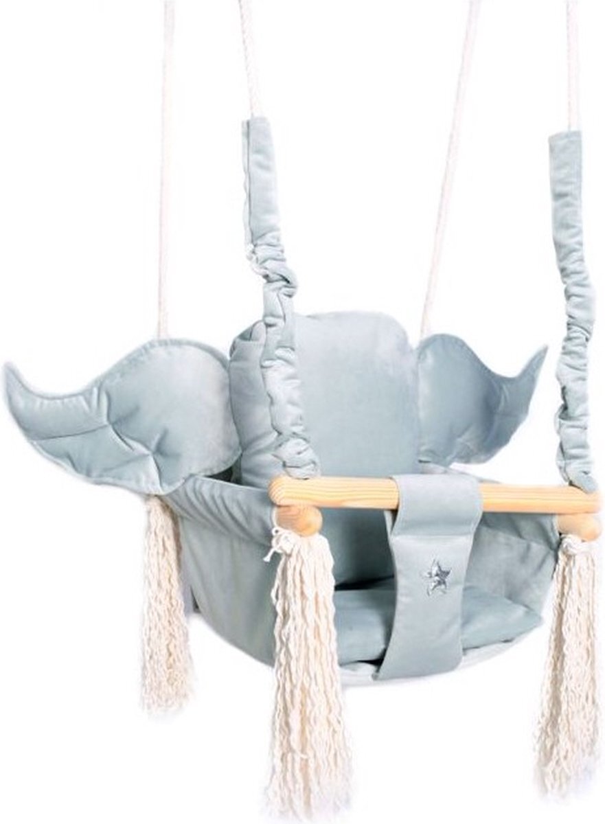 LoveGifts Luxe houten olifant handgemaakte licht grijze baby schommel en kinder schommel met olifant vormig kussen – Baby swing - Schommelstoel - Schommels - Olifant oren