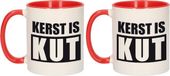 Shoppartners Bv Set van 2x stuks cadeau kerstmokken kerst is kut - 300 ml - rood / wit - keramiek - koffiemokken / theebekers - Kerstmis - kersthater
