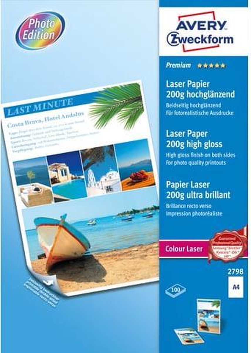 Avery Kleurenlaserpapier A4 wit 200gr doos a 100 vel