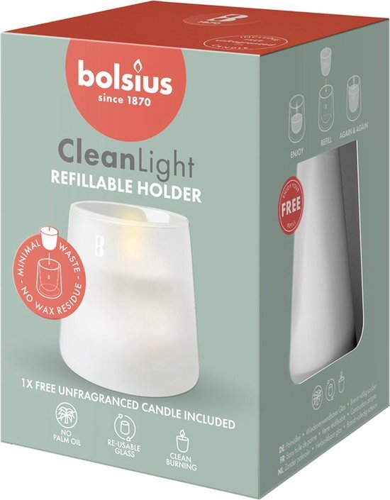 Bolsius - CleanLight Zero Starterset, navulbare kaars zonder geur, houder en geurvrije navulling, mat wit, brandduur 20 uur, natuurlijke plantenwas, zonder palmolie