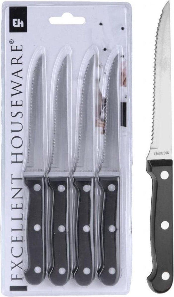 Steakmessen - Set van 4 - Zwart/Zilver - RVS - 8711295374081