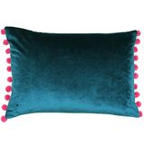Riva Paoletti Fiesta rechthoekige kussenhoes - groenblauw - bessenroze pomponranden - kunstfluweel - omkeerbaar - ritssluiting - 100% polyester - 35 x 50 cm