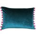 Riva Paoletti Fiesta rechthoekige kussenhoes - groenblauw - bessenroze pomponranden - kunstfluweel - omkeerbaar - ritssluiting - 100% polyester - 35 x 50 cm