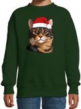 Bellatio Decorations Kersttrui / sweater kat/poes - kinderen - bruine kat/poes - groen - kerstmuts - Kerstmis 110/116