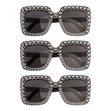 Chaks - Set van 3 retro zonnebrillen - Rechthoekige feestbril met strass - Zwart getint - Voor festival en carnaval