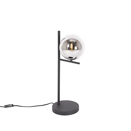 QAZQA - Design Art deco tafellamp zwart met smoke glas - Flore | Woonkamer | Slaapkamer | Keuken - Staal Bol |Langwerpig - E14 Geschikt voor LED - Max. 1 x 25 Watt