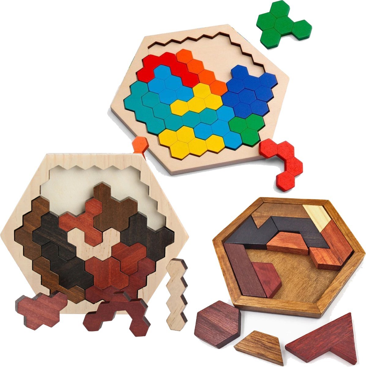 van Theo Houten Puzzel Set - 3 Stuks Tangram Hexagon - Smartgames - Breinbreker - Vormen Puzzel - Kinderspeelgoed - Educatief Speelgoed - Vanaf 3 jaar