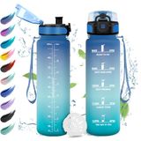 Motiverende waterfles, 1 l, sportwaterfles met tijdweergave, met filter, lekvrij, eenvoudige reiniging, drinkfles voor fitness, fietsen, wandelen
