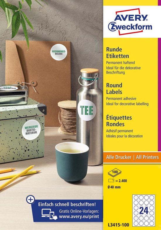 Avery-Zweckform L3415-10 - Etiketten - Ø 40 mm - Wit - 240 stuks