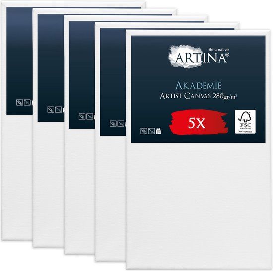 Artina Akademie – Set van 5 Schilderdoeken Canvas 60x100 cm – Spieraam van FSC® Hout – Wit Canvas 100% Katoen – 280 g/m²