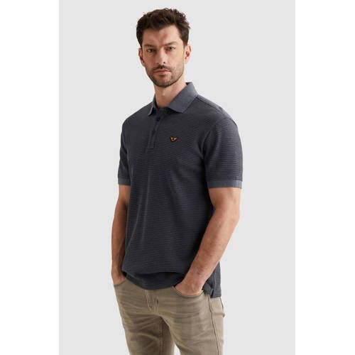 PME Legend regular gestreepte polo donkerblauw fijn gebreid
