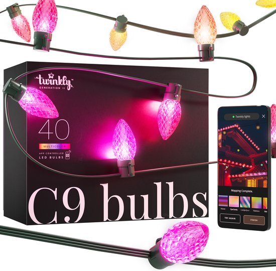 Twinkly C9 lampen - App gestuurde - LED-lichtslinger met 40 RGB (16 miljoen kleuren) LED's - 12m - Groene kabel - Slimme buitenverlichting