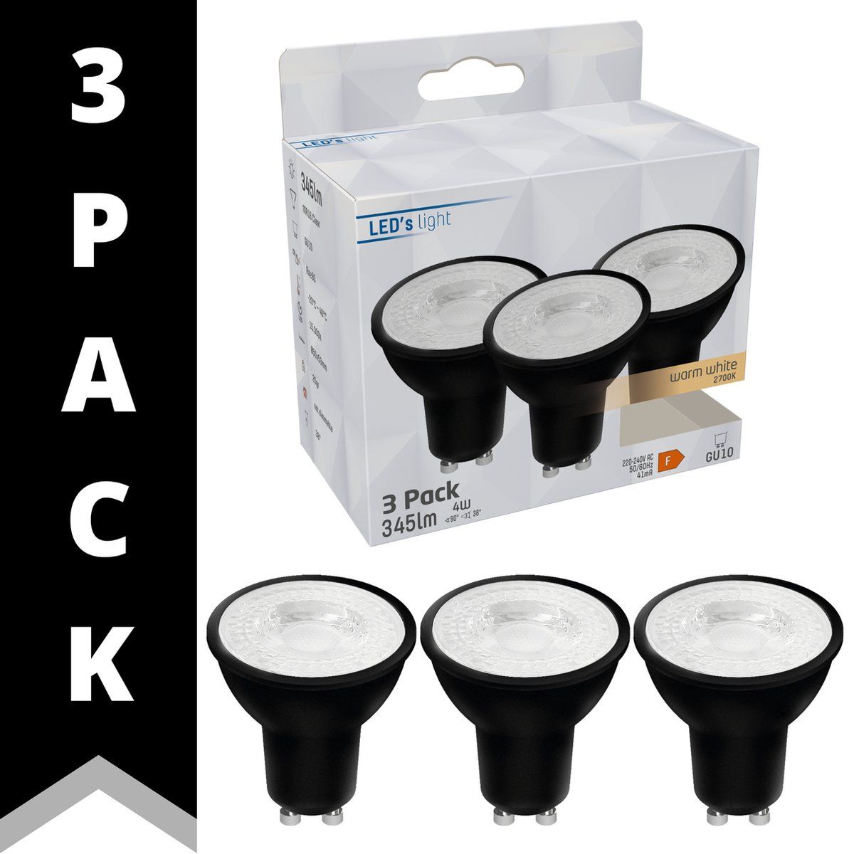 LED.nl ProLong LED GU10 Spotjes - Zwart - 3x 3.5W (35W) - Warm Wit