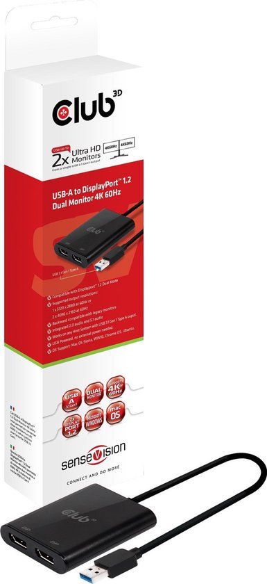 Club 3D USB 3.0 to DisplayPort 1.2 Dual Monitor Adapter - 4K 60Hz - Black