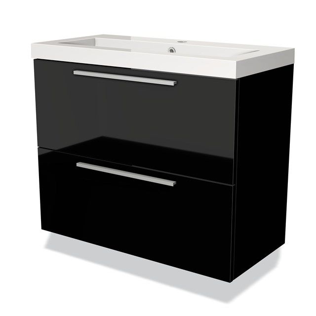 Maxaro Badkamermeubel 80cm Modulo Slim Hoogglans Zwart 2 Lades Vlak Wastafel Mineraalmarmer