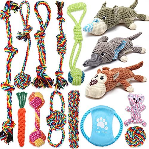 XLMYS 15 STKS Hond Kauw Speelgoed Piepende Hond Speelgoed voor Agressieve Kauwers, Puppy Teething Chew Toys Hondentouw Speelgoed Tug of War Hondenspeelgoed voor Puppy Tandjes, Drie Gevulde Dieren Hond Piepend Speelgoed