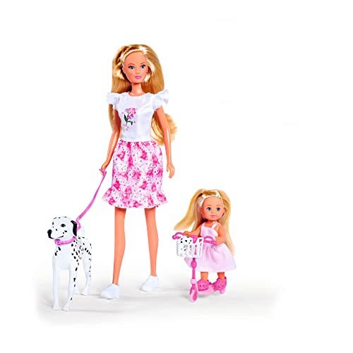simba 105733605 Steffi Love Cute Walk, wandeling met twee dalmatiërs, met scooter voor Evi, 12 cm en 29 cm speelpoppen, vanaf 3 jaar