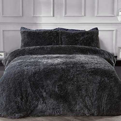 Sleepdown Luxe beddengoedset van fleece, langpolig, kunstbont, antracietgrijs, superzacht, onderhoudsvriendelijk, met kussensloop, eenpersoonsbed (135 x 200 cm)