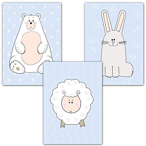 Homery Muurschilderingen set van 3 voor baby & kinderkamer decoratie - DIN A4 poster - Dieren blauw