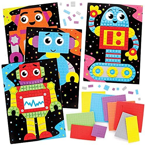 Baker Ross FE401 Robot Mozaïek Picture Kits - Pack van 4, Mozaïektegels Kunst en Ambachten, Mozaïekkits voor kinderen, creatieve activiteiten voor kinderen