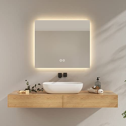 EMKE Verlichte spiegel, 75 x 65 cm, led-spiegel met verlichting + touch-schakelaar, anti-condens + natuurlijk licht 4300 K