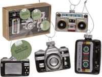 Out of the blue KG Retro glazen kerstdecoratie set – Cassette, Camera & Recorder – Handgemaakt – 3 stuks