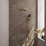 Brauer Gold Carving Thermostatische Regendoucheset Inbouw - Hoofddouche 30 cm - Gebogen Wandarm - 3 Weg - Handdouche 3 Standen - Doucheslang - Geintegreerde Glijstang - Geborsteld Goud