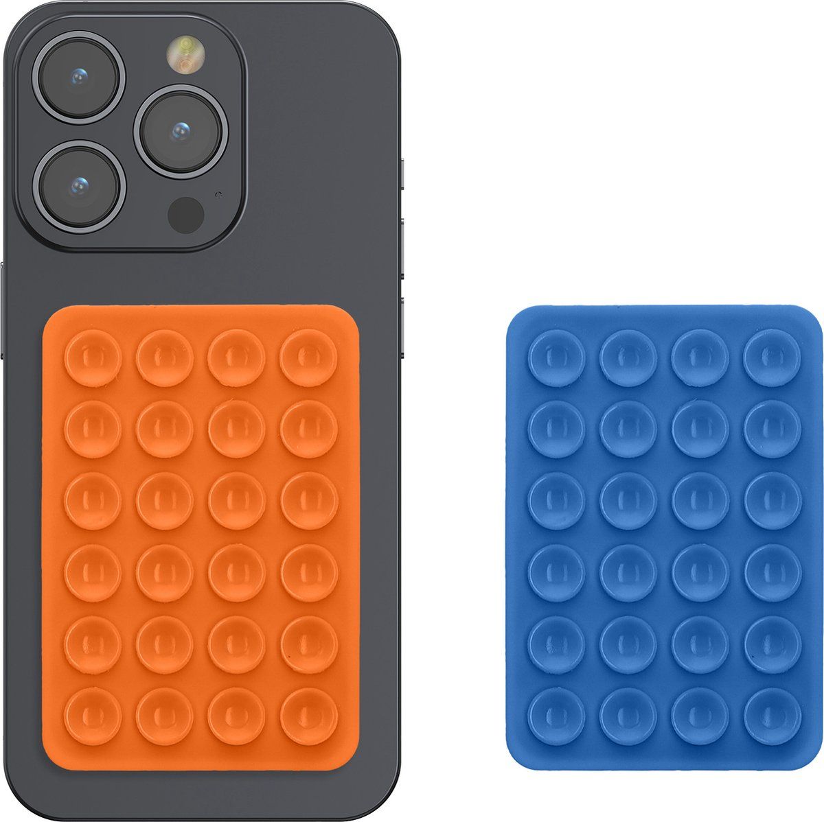 kwmobile Zuignaphouder voor beschermhoes, compatibel met iPhone en Android, 2 x antislip houder van siliconen, 5,5 x 8 cm, voor telefoonhoes - oranje-blauw