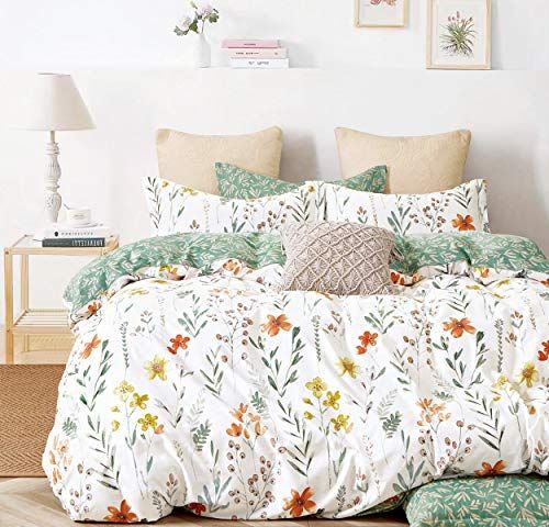 SLEEPBELLA Dekbedovertrek Set 600 thread count katoenen beddengoed set (volledig, wit en groen bloemen)