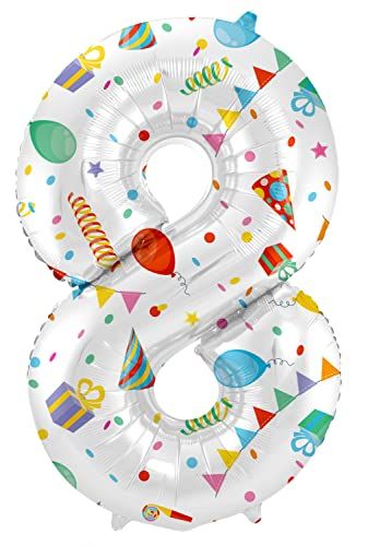 Folat Joyful 64178 Luchtballon, verjaardagsnummer 8, joyful party, wit, met geschenken en decoratie, 86 cm, heliumdecoratie, verjaardagsdecoratie, ballon getal, kleurrijk