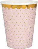Santex wegwerp bekertjes stippen - Babyshower meisje - 10x stuks - 270 ml - roze/goud