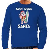 Bellatio Decorations Surf dude Santa - Fun Kersttrui sweater - blauw - voor heren - Kerstkleding / Christmas outfit L