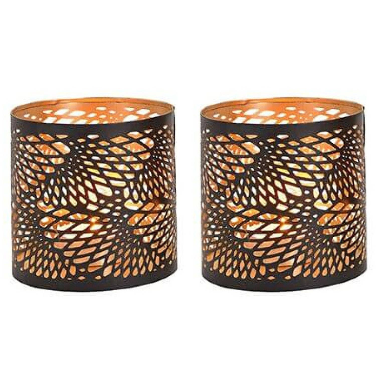 2x Theelichthouders/Waxinelichthouders Windlichten Zwart/Goud Spiraal/Lijnen Patroon 13 cm - Waxinelichtjeshouders