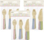 Merkloos Houten bbq/verjaardag bestek setje - pastel kleuren - 54x delig - vorken/messen/lepels