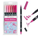 Tombow ABT Dual Brush Pen, Pink Edition, pen met twee punten, perfect voor handbelettering en bullet journal, wateroplosbaar, set van 6