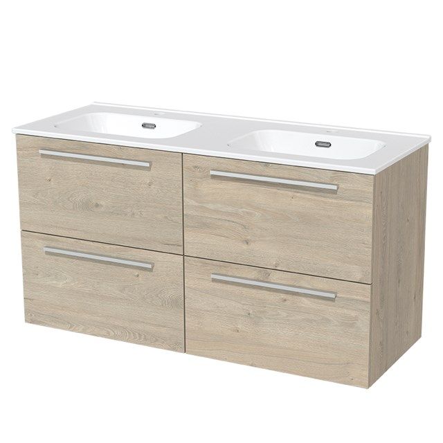 Maxaro Modulo Badkamermeubel - 120cm - Lichtgrijs Eiken - 4 lades - Keramiek Wastafel