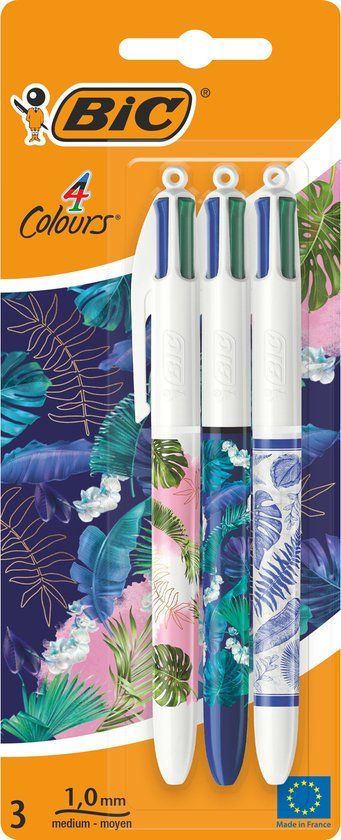 BIC 4 Kleuren Decor Balpennen Botanical - Serie - Set van 3 Stuks