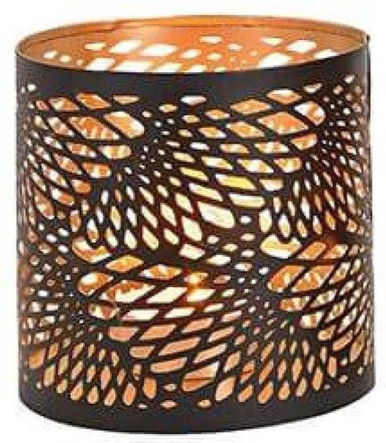 Zwart/Goud Metalen Theelichthouder - Spiraal/Lijnen Patroon - 13 cm
