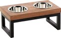 Flamingo Tommy Duo Dinner - Elevated Dog & Cat Bowls - Mango Wood, Black, Stainless Steel - 35.5x19x14.5cm - 370ML