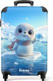 NoBoringSuitcases.com Kinderkoffer Kindertrolley Witte zeehond met sjaal op een ijsschots Handbagage koffer lichtgewicht Reiskoffer trolley kind Rolkoffer met wieltjes Blauw ABS Hardcase 36L TSA Cijferslot 55x35x20 cm