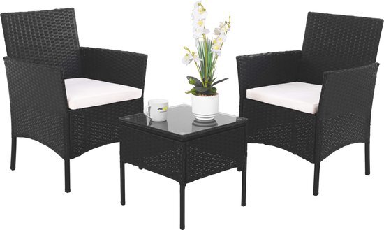 Springos Tuinset - 3 Delig - Stoelen - Tafel - Rotan - Zwart/ Ecru