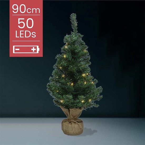 Kunstkerstboom met jute zak - 90 cm - 50 LED lampjes - Groen
